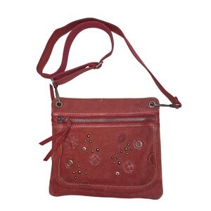 Fossil Red Melon Suede Studded Crossbody Bag Leather Trim Boho Messenger Purse